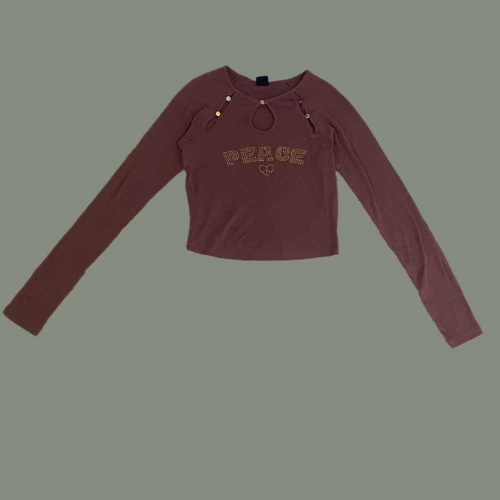 Urban Outfitters “Peace” Rinestone Brown Long Sleeve Top